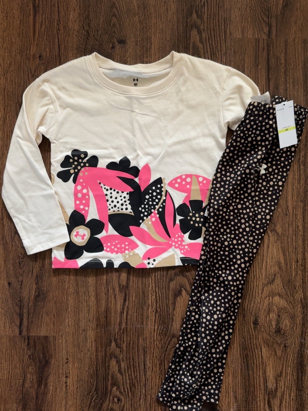 Under Armour Girls Cream Floral Top with Pink & Black Polka Dot Leggings